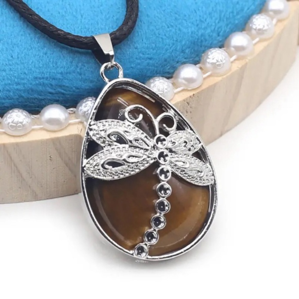 67 ❤️ Tiger's Eye Natural Stone Crystal Dragonfly Pendant Necklace